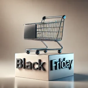 تصویری از خرید در جمعه سیاه (Black Friday) با چیدمان محصولات مختلف و تخفیف‌های جذاب در یک فروشگاه مدرن